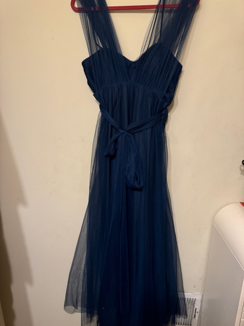Sleeveless Navy Maxi Dress with Tulle Waist Tie